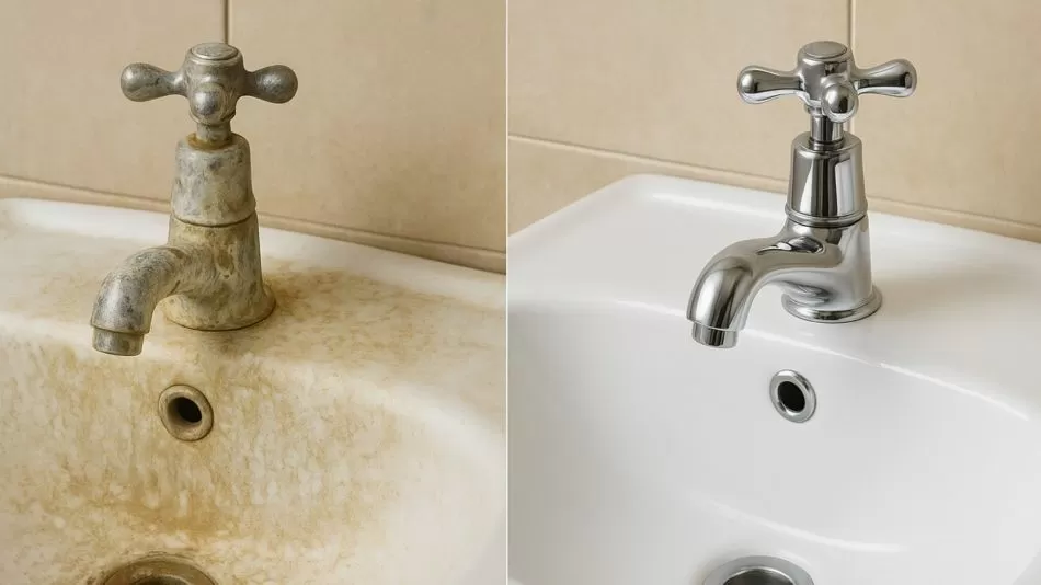 Weder Essig noch Backpulver: Eine hausgemachte Mischung, die Kalkablagerungen an Wasserhähnen und gelbe Flecken im Badezimmer sofort entfernt.