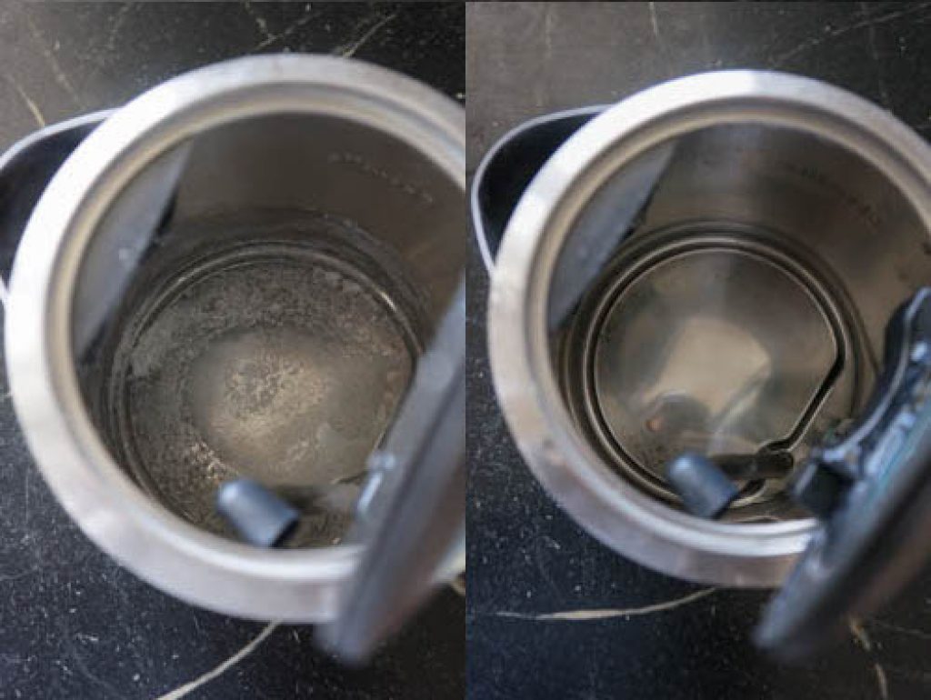 Anstelle von Essig hinzufügen. Der Kalk aus dem Wasserkocher löst sich in ganzen Stücken